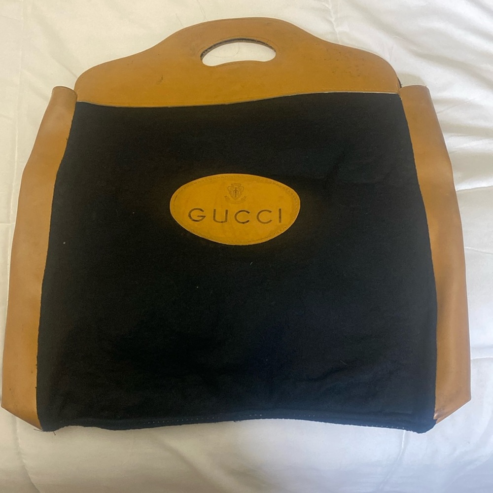 Gucci black flannel shopping tote with tan leather trim.